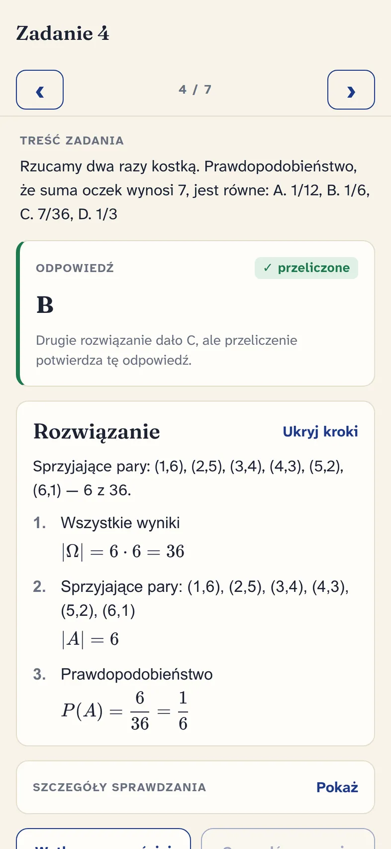 Zadanie z prawdopodobieństwa: odpowiedź B, oznaczenie „przeliczone” i obliczenia krok po kroku.