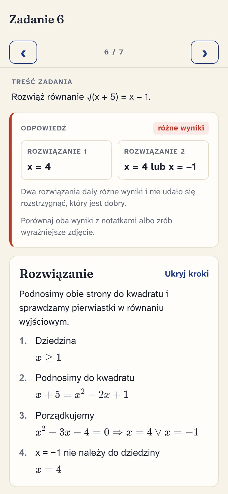 Zadanie z równaniem z pierwiastkiem: dwa rozwiązania dały różne wyniki, aplikacja pokazuje oba obok siebie i prosi o porównanie z notatkami.