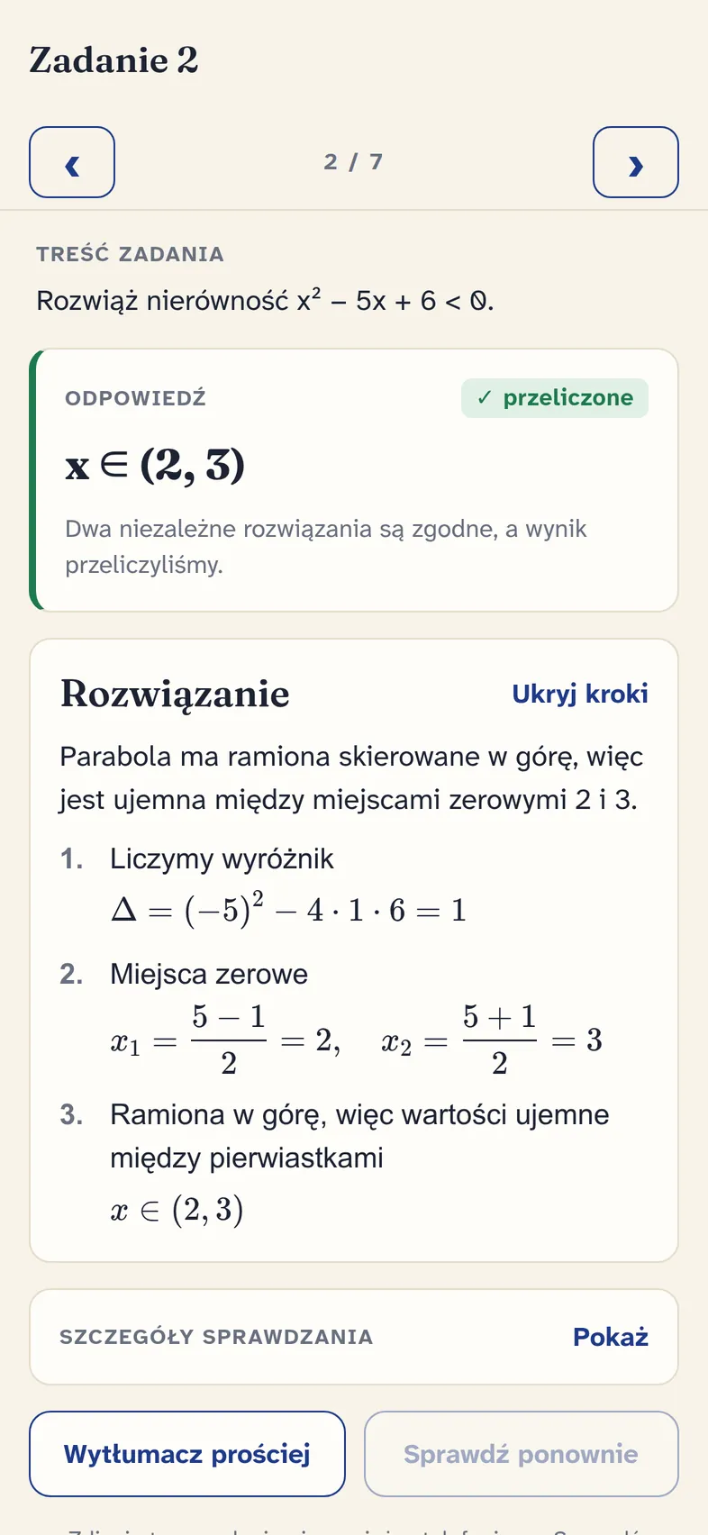 Ekran zadania: treść nierówności x² − 5x + 6 < 0, odpowiedź x ∈ (2, 3) z oznaczeniem „przeliczone” i rozwiązanie krok po kroku ze wzorami.
